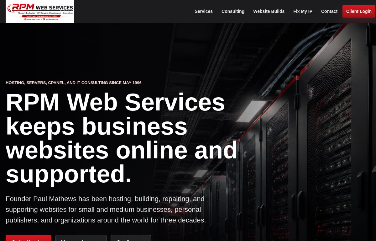 Screenshot of the RPM Web Services homepage